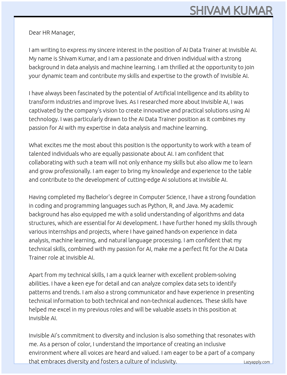 AI data trainer At Invisible AI Cover Letter