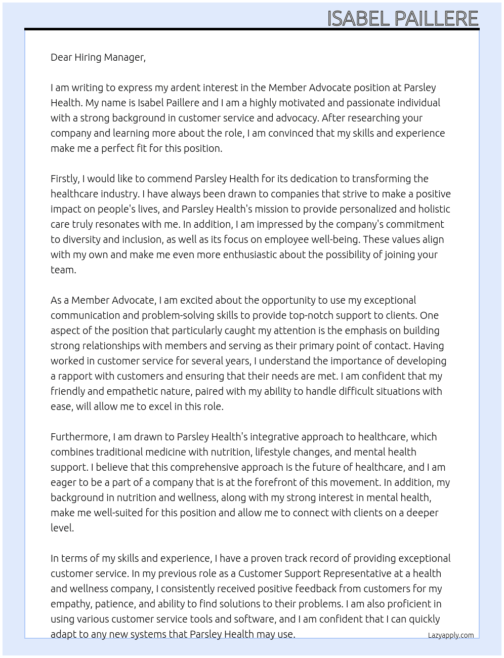 Member Advocate At Parsley Health Cover Letter