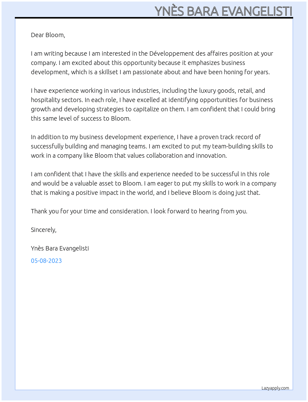 Développement des affaires  At Bloom Cover Letter