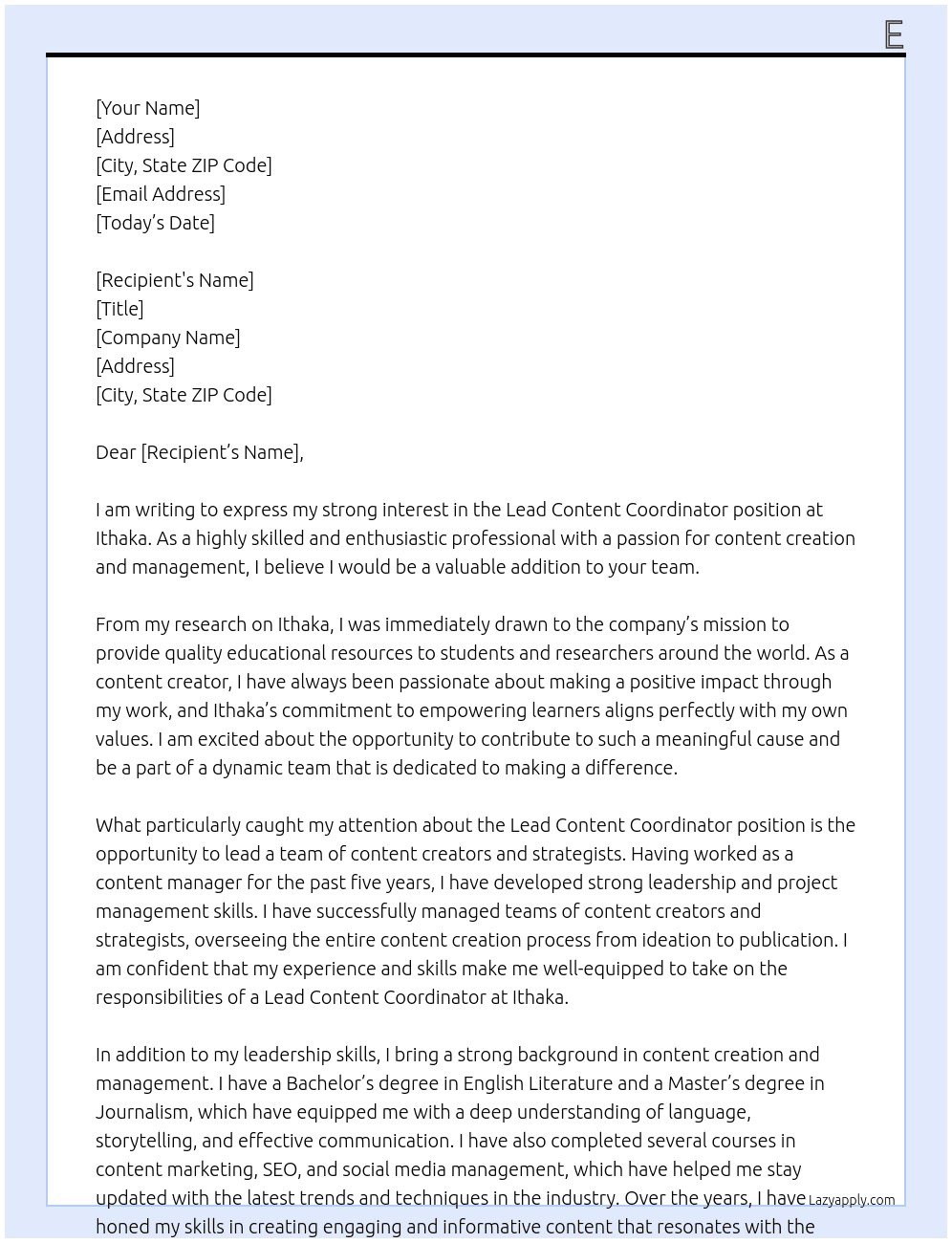 Lead Content Coordinator At Ithaka Cover Letter