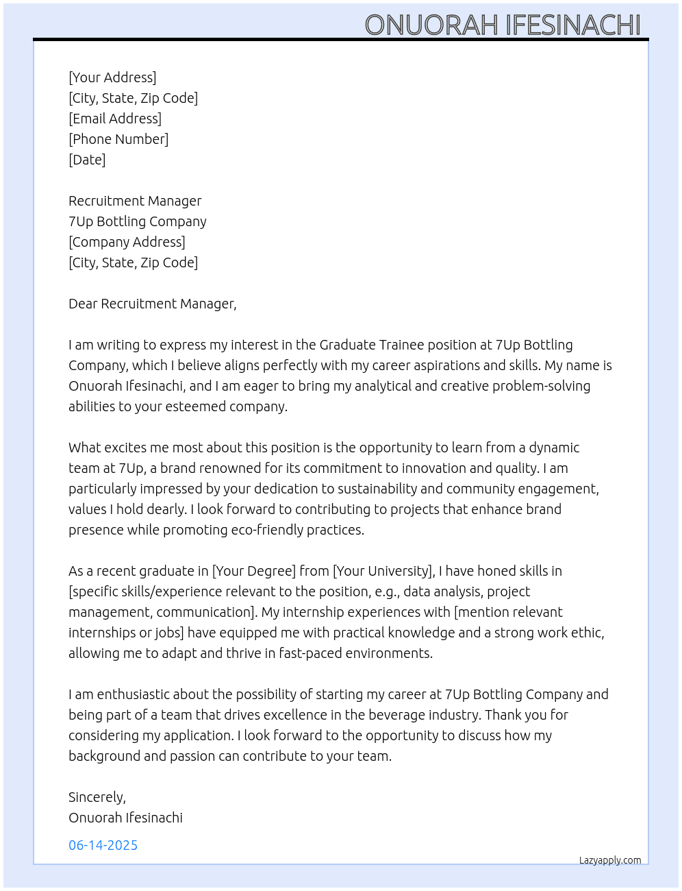 Graduate trainee At 7up bottling company Cover Letter