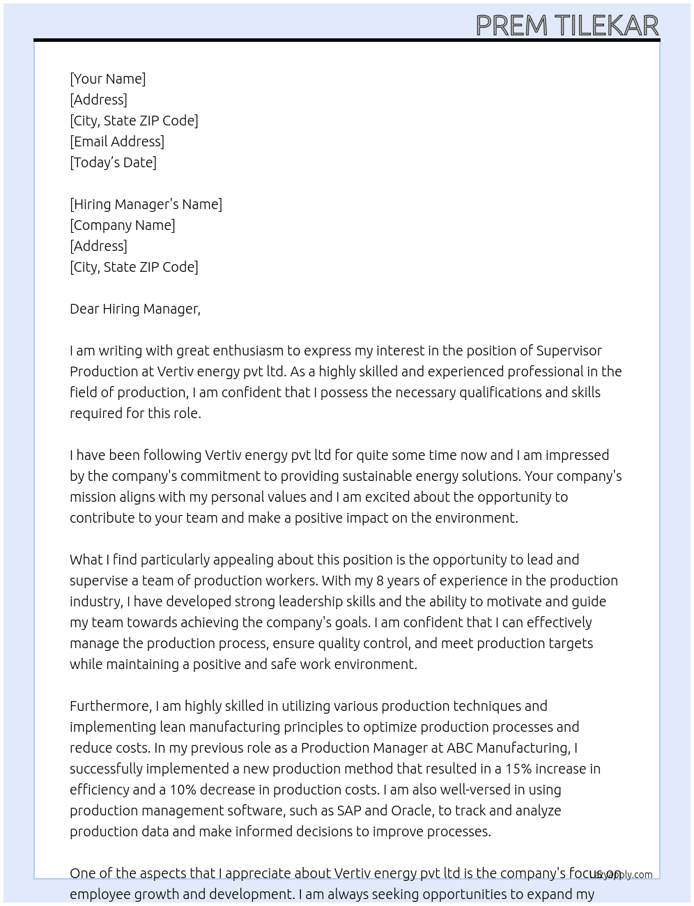 Supervisor Production At Vertiv energy pvt ltd Cover Letter