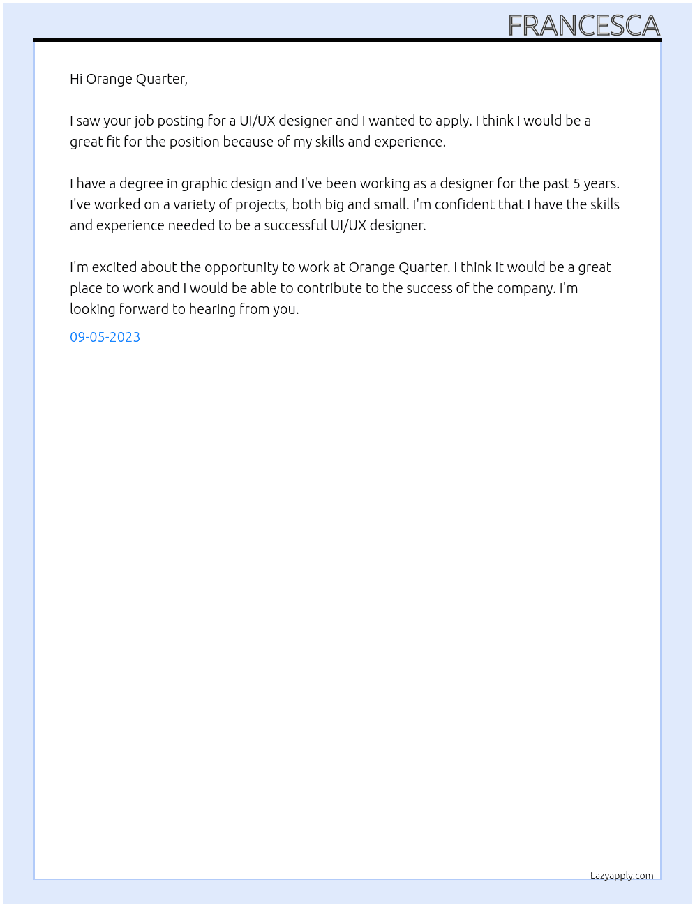 UI/UX designer At Orange Quarter Cover Letter