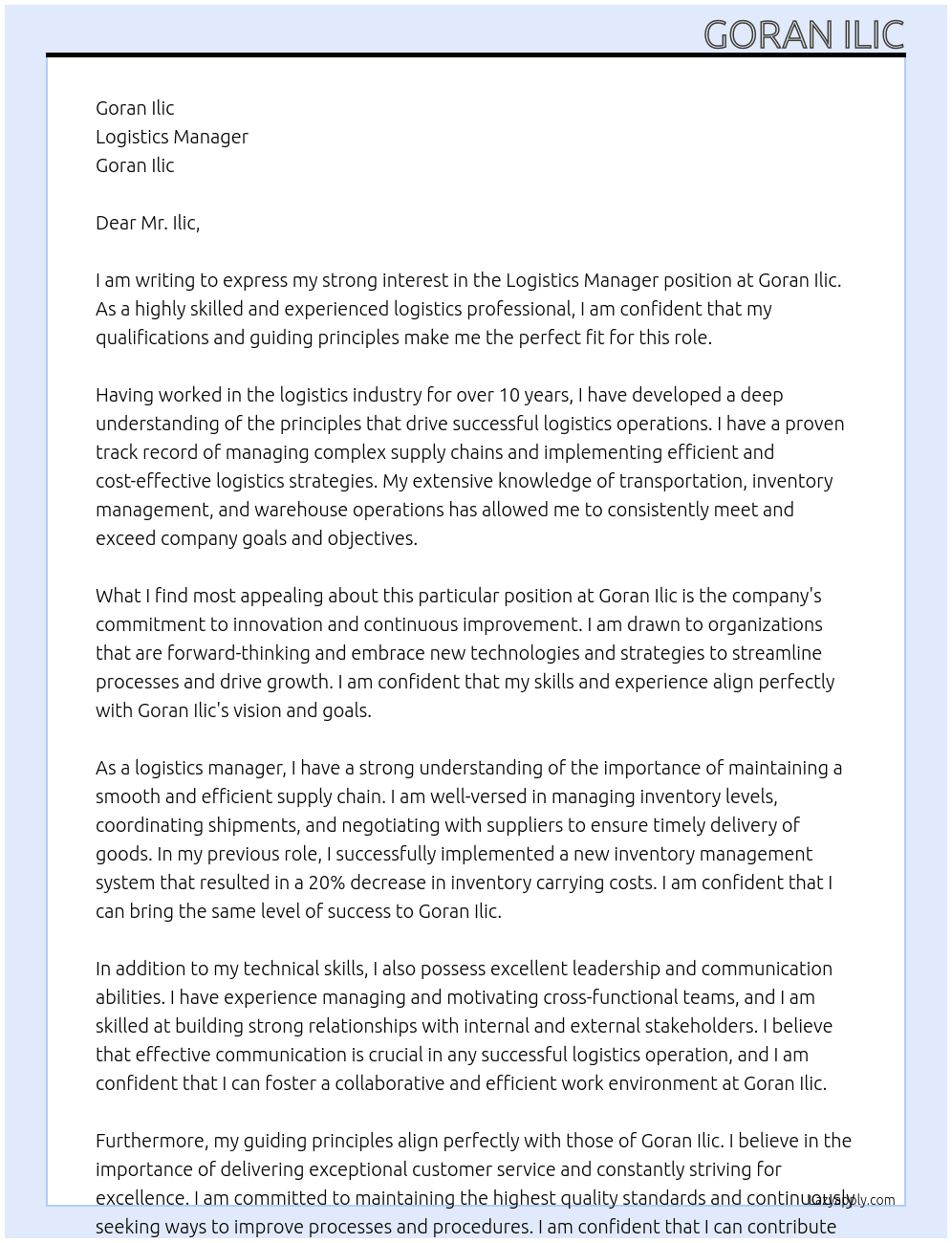 Logistics Manager At Goran Ilic Cover Letter
