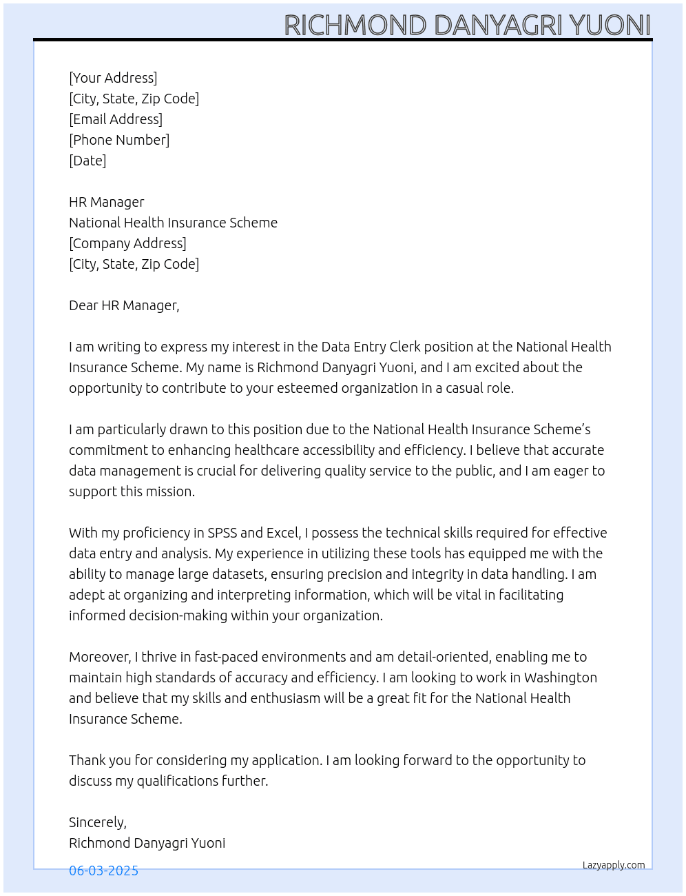 Data Entry Clerk At National Health Insurance Scheme Cover Letter
