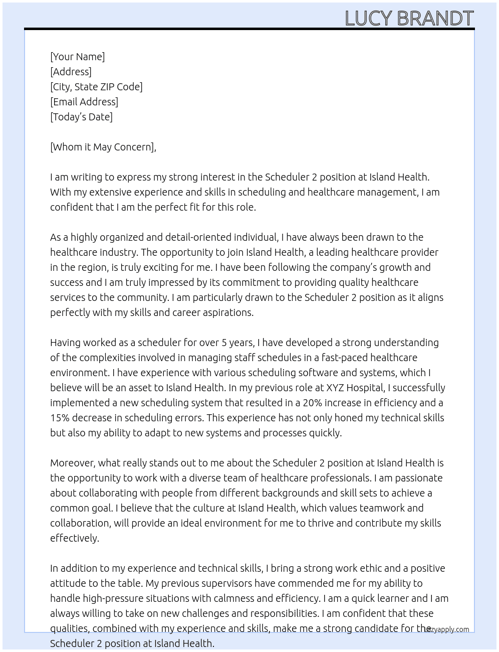 Scheduler 2 At Island Health Cover Letter