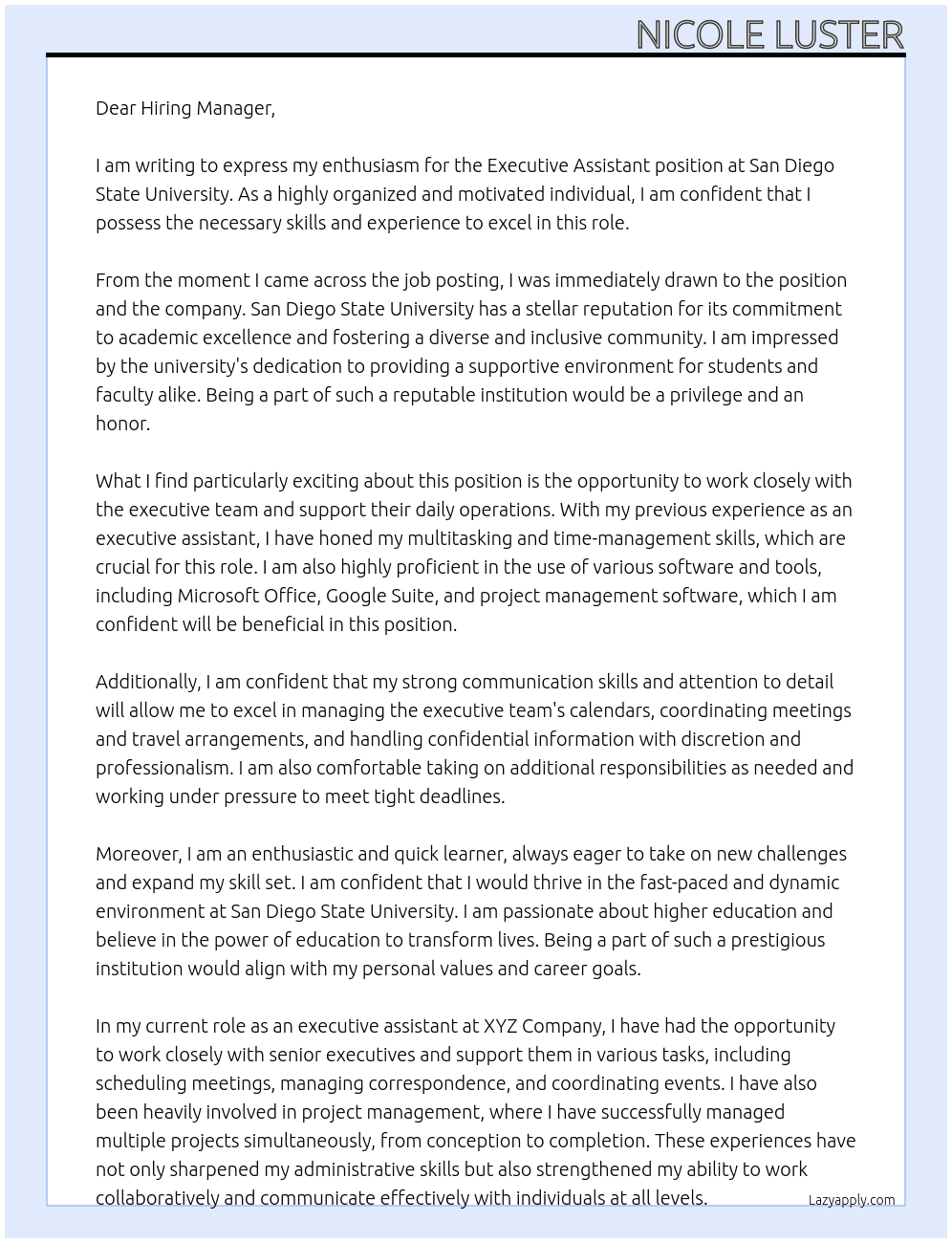 Executive Assistant At Sand Diego State University Cover Letter