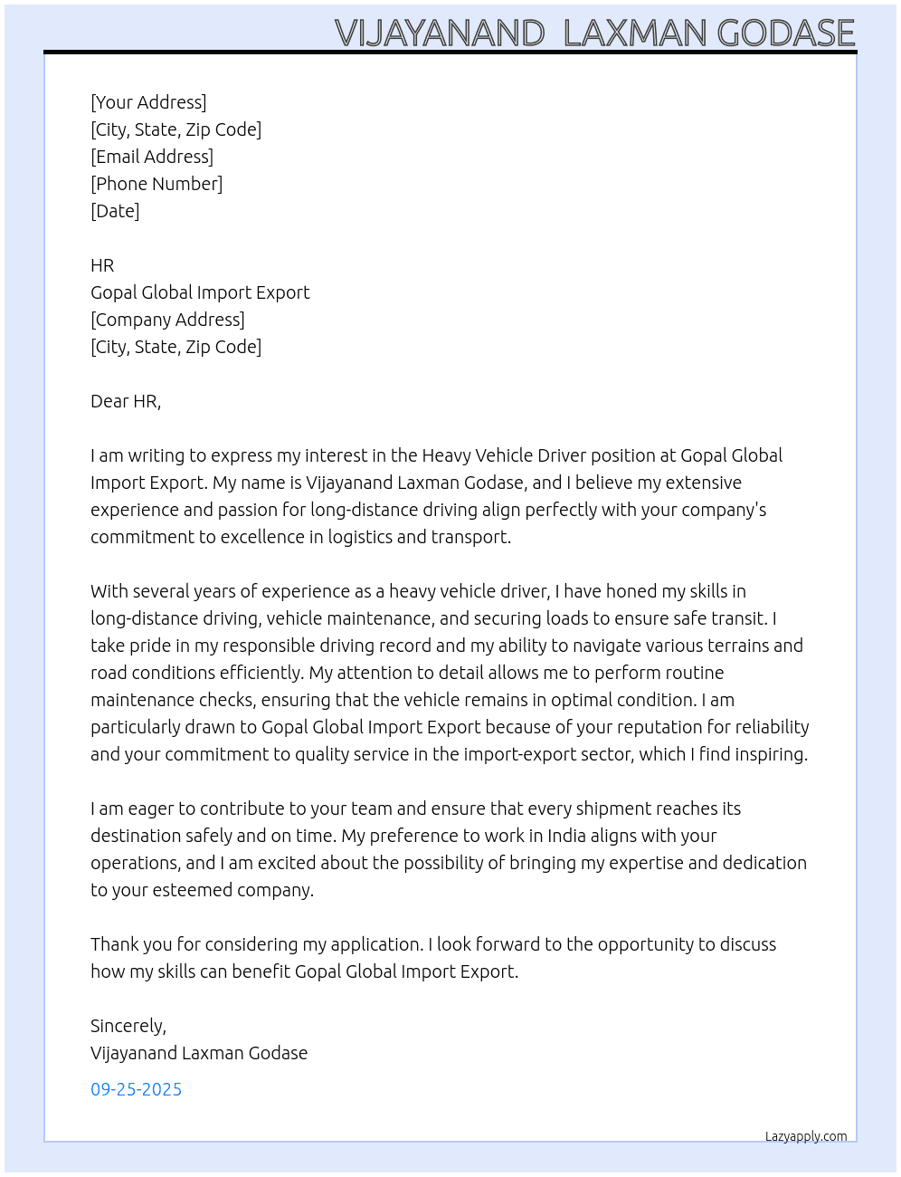 Cover letter for heavy vehicle driver - LazyApply