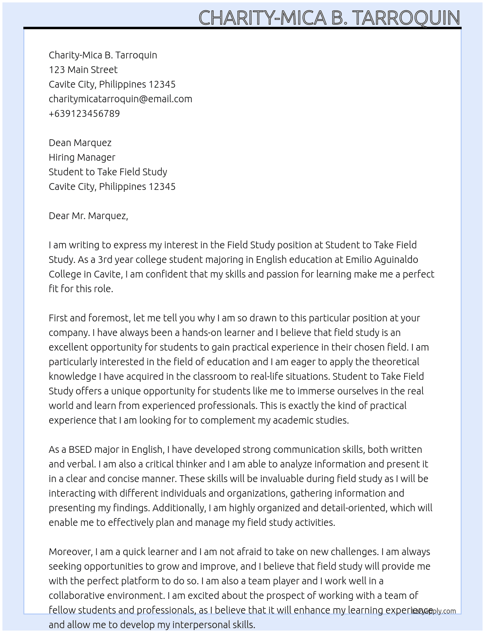 Field study At Student to take field study Cover Letter
