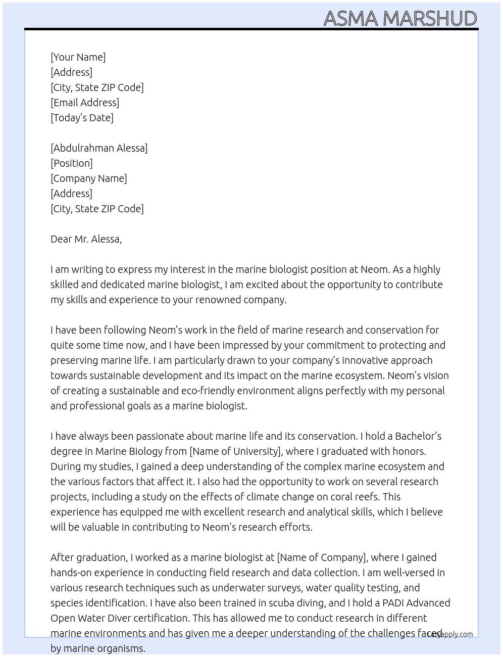 marine biologist  At Neom Cover Letter