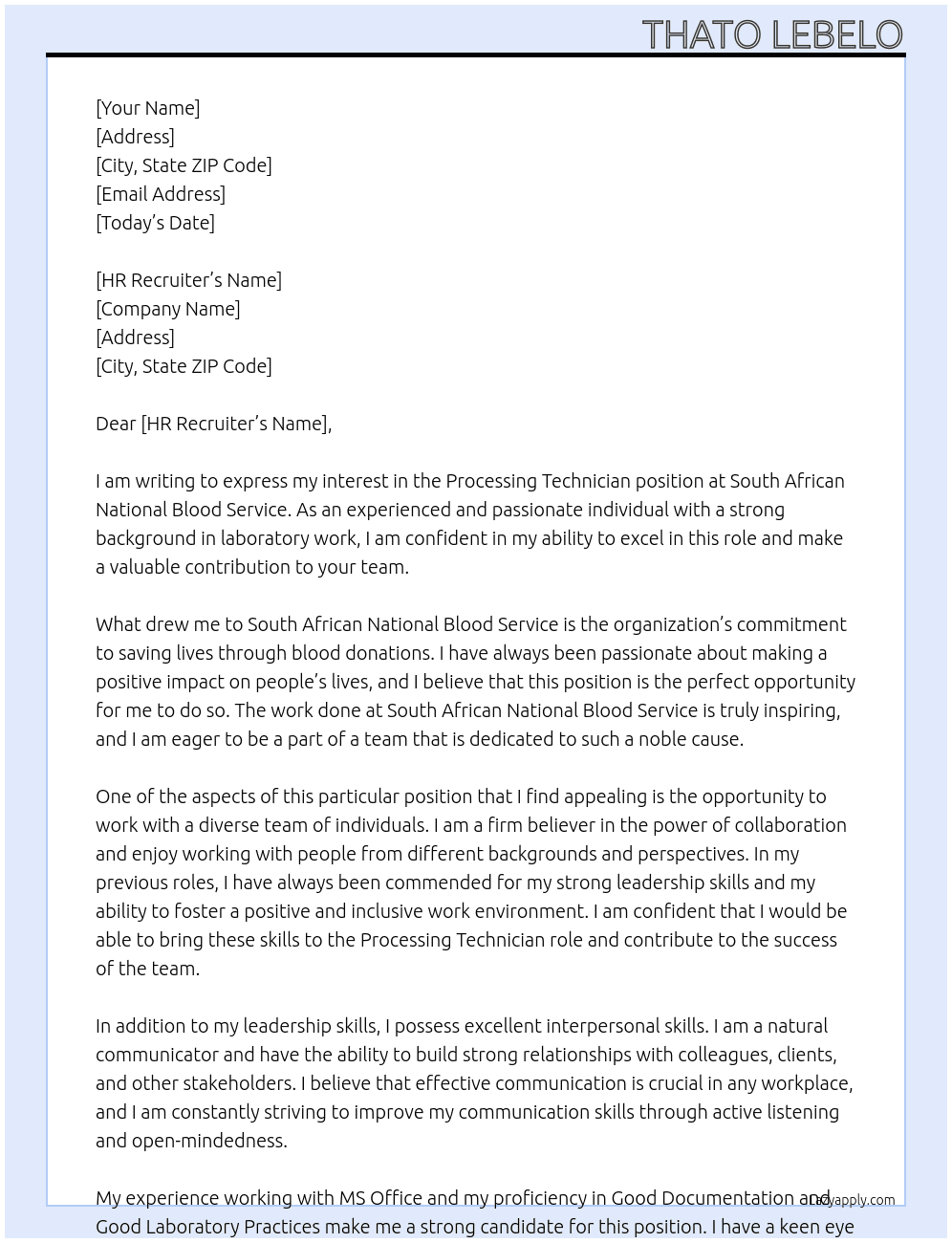 Processing Technician At South African National Blood Service Cover Letter