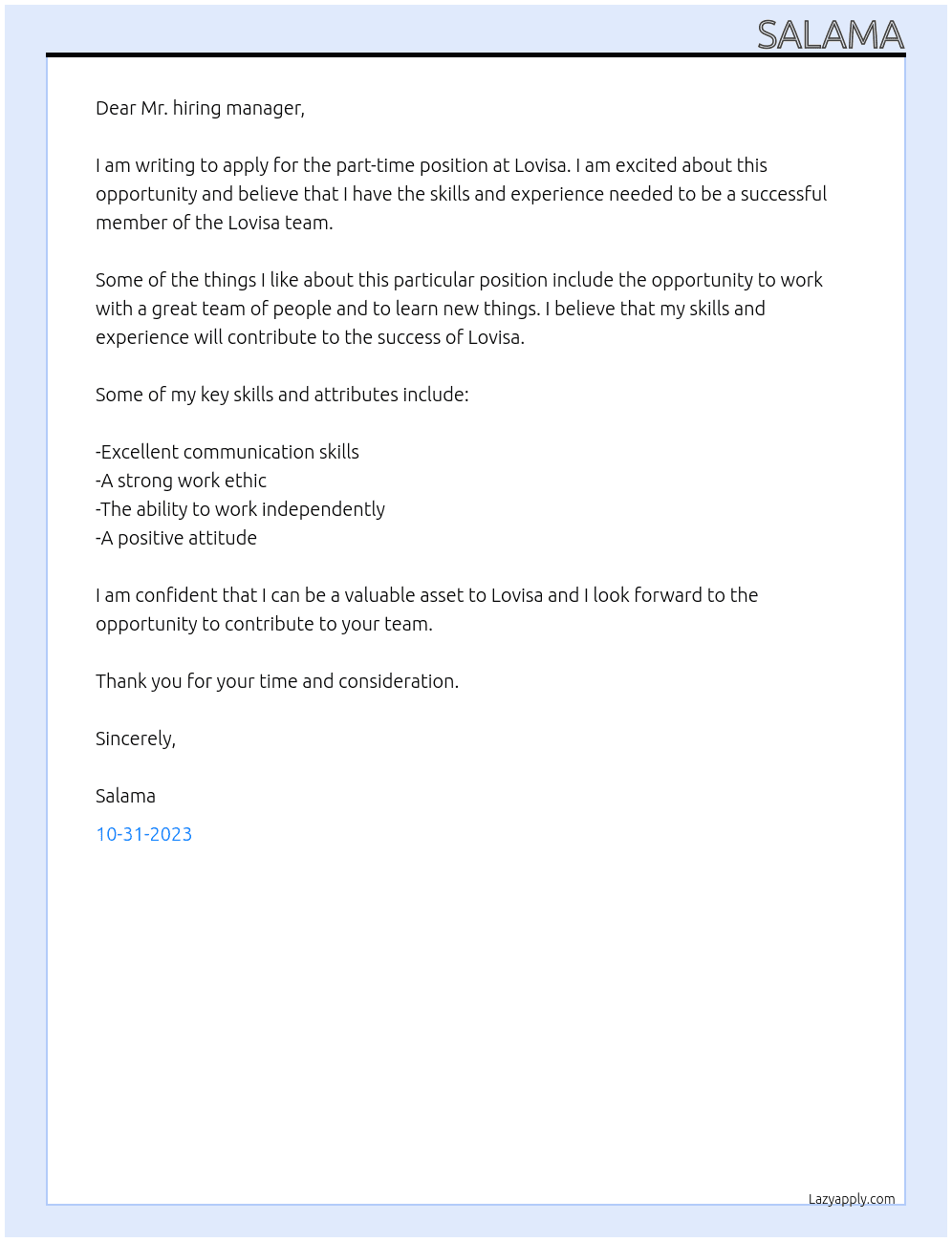 part time  At lovisa Cover Letter