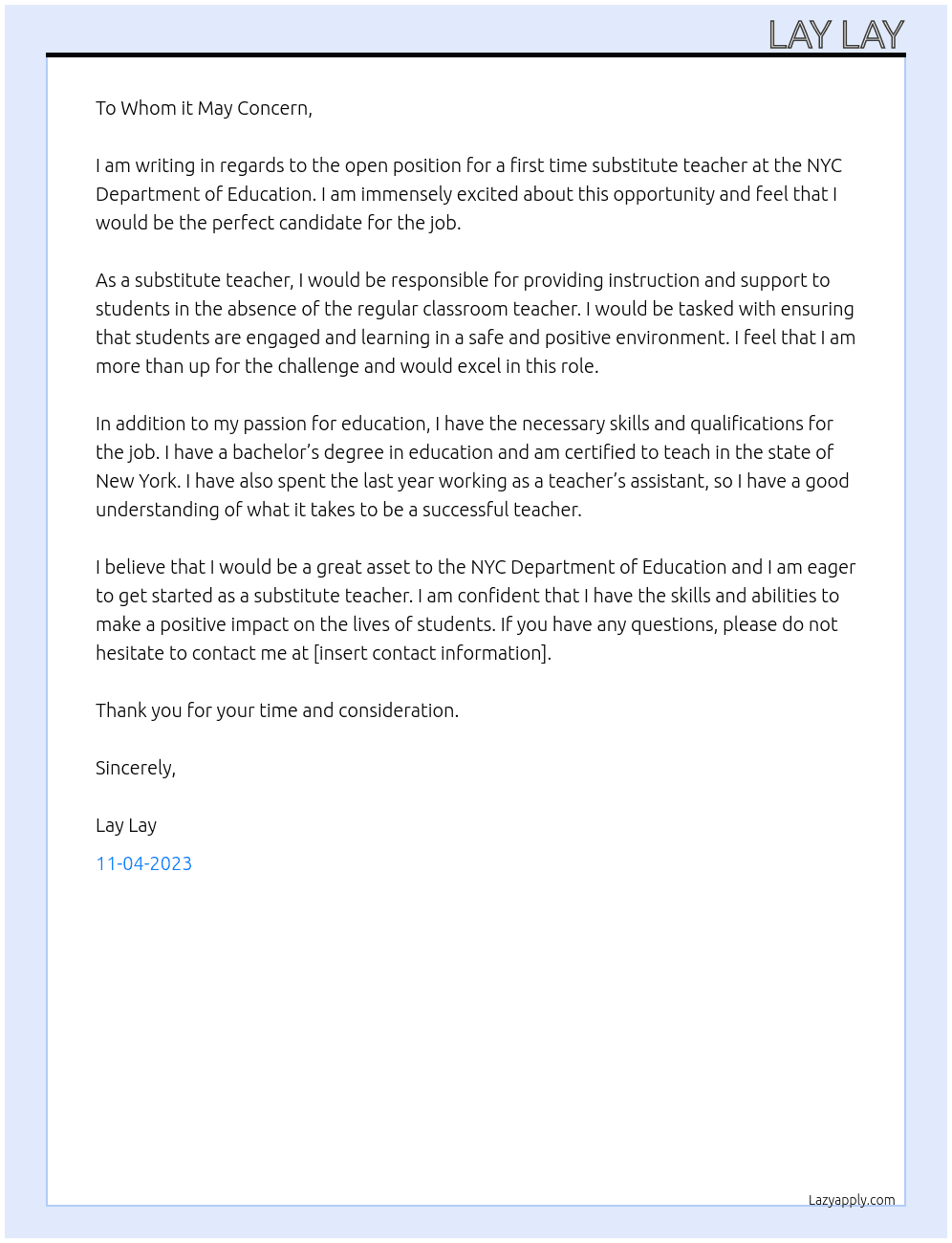 First time subsititute teacher  At NYC Department of Education Cover Letter