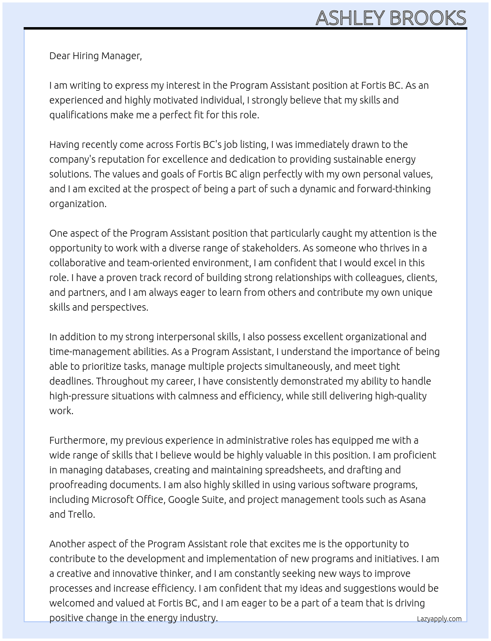 Program Assistant At Fortis BC Cover Letter