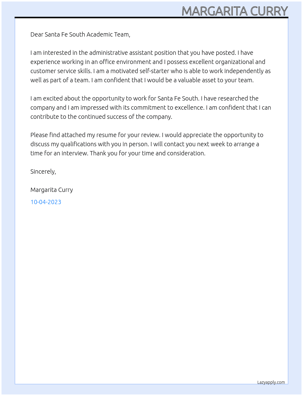 Administrative Assistant At Santa Fe South Cover Letter
