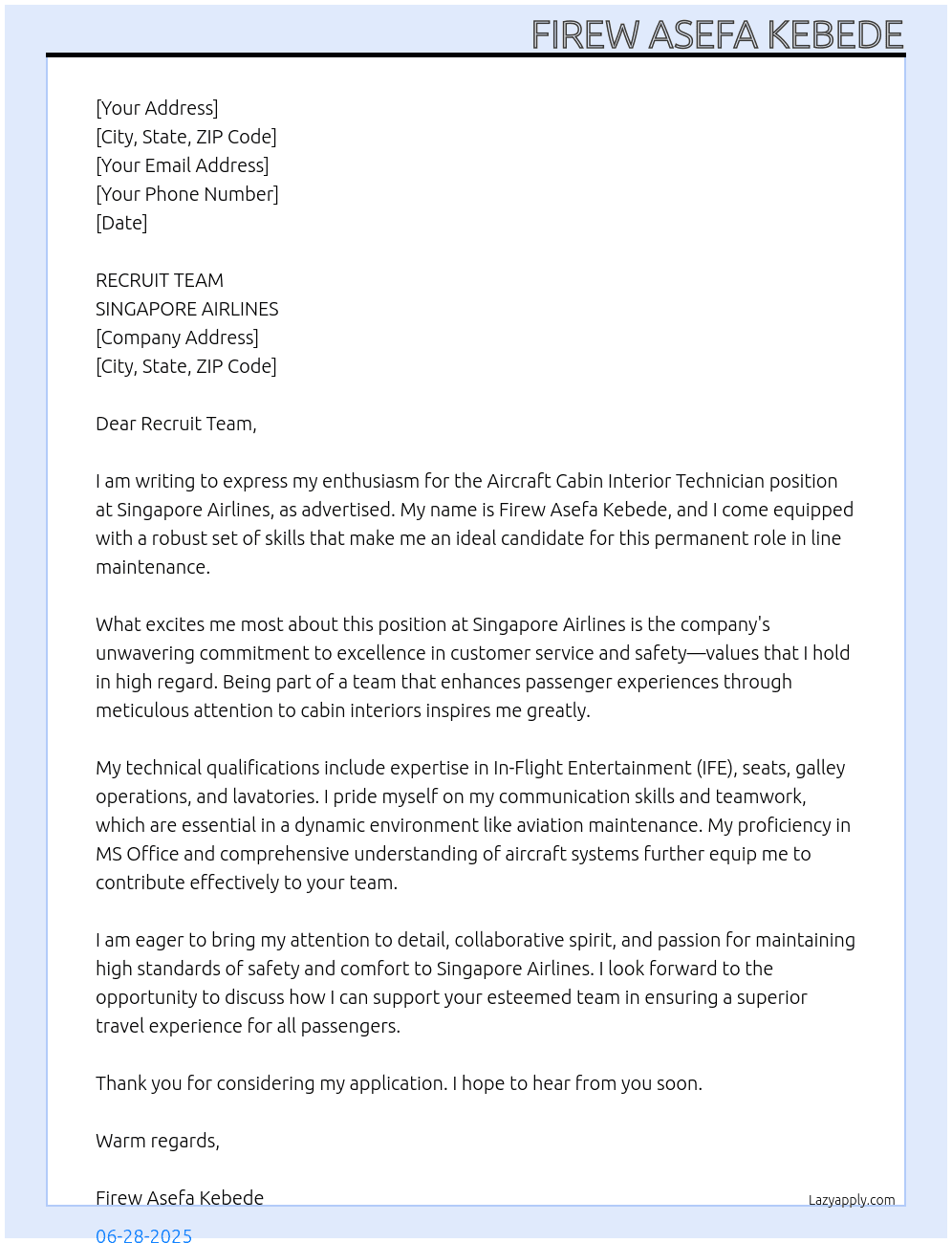 Aircraft Cabin Interior Technician | Changi At SINGAPORE AIRLINES  Cover Letter
