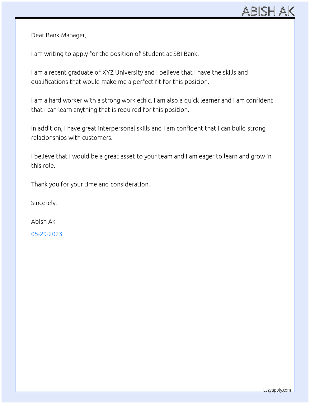 Student At SBI Bank Cover Letter