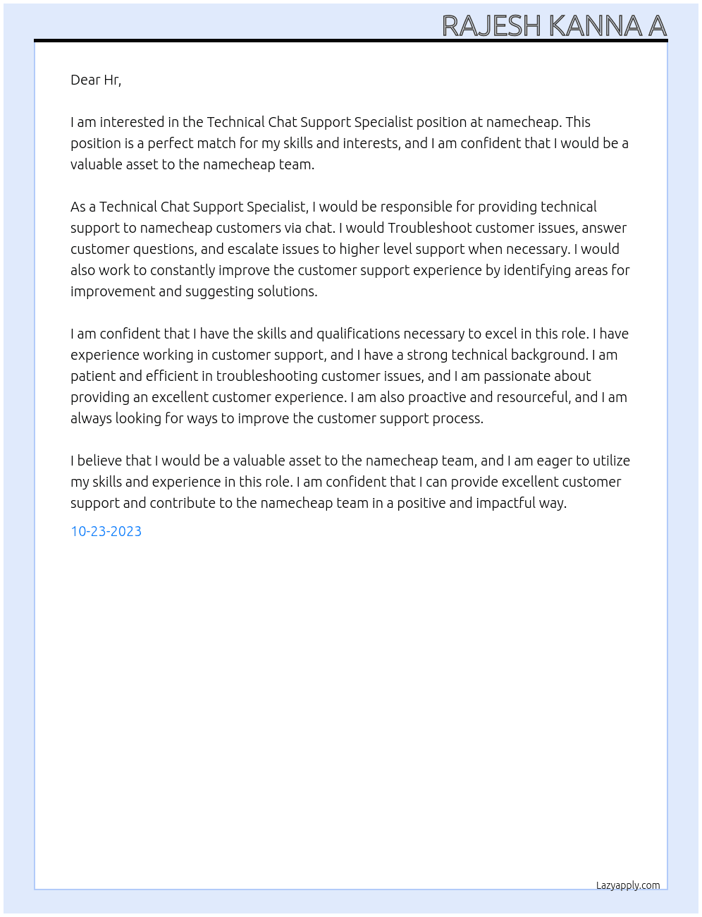 Technical Chat Support Specialist At namecheap Cover Letter
