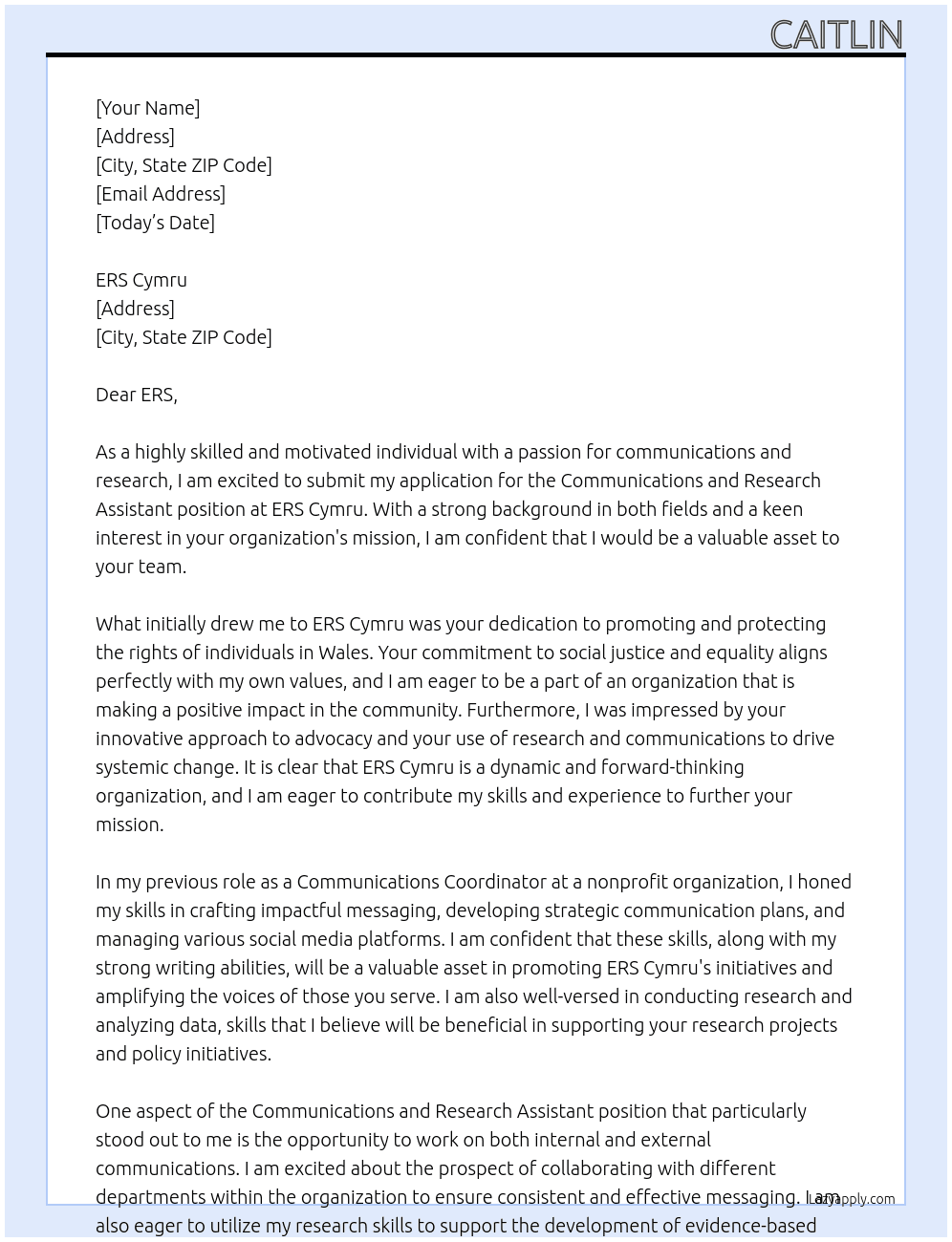 Communications and Research Assistant At ERS Cymru Cover Letter