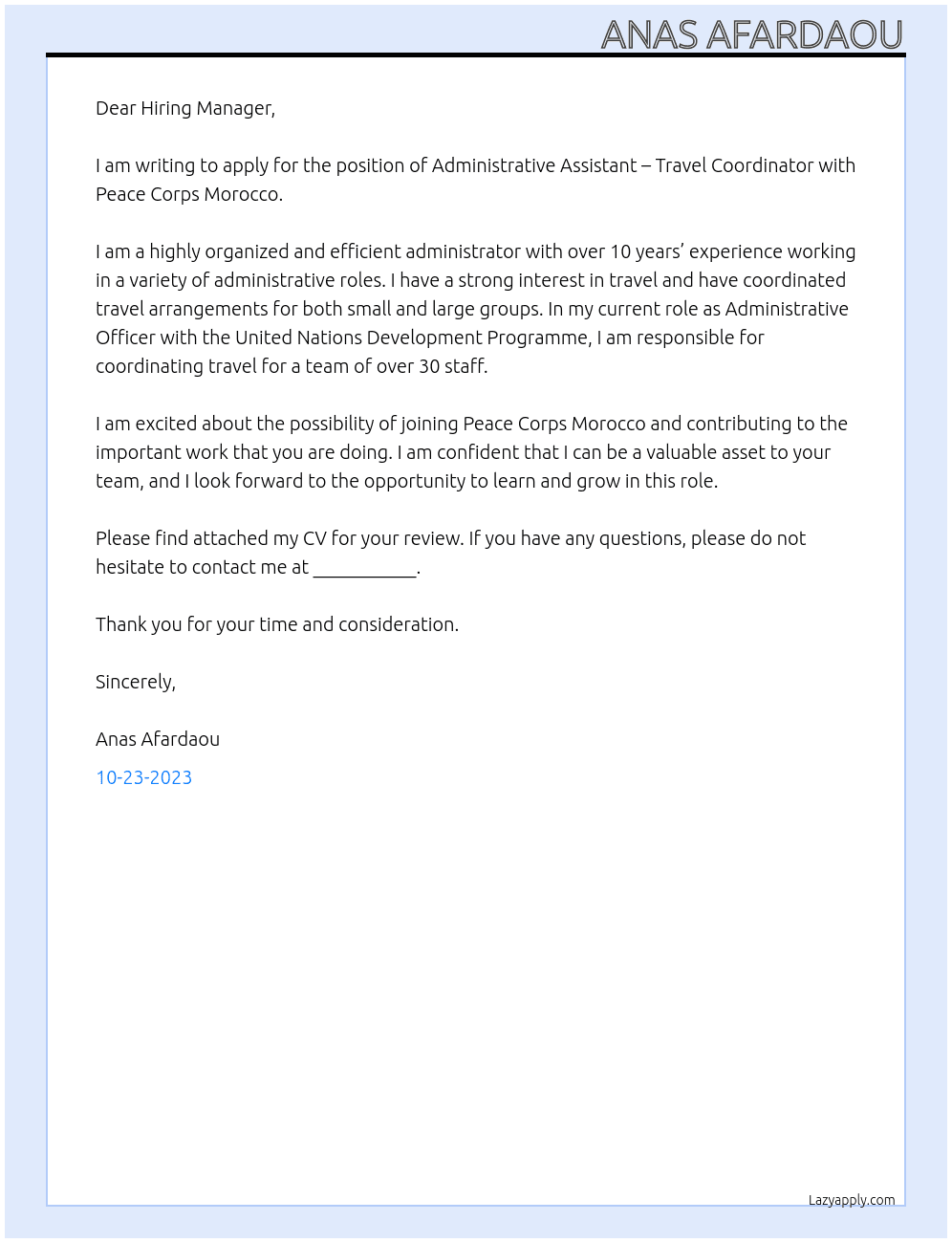 ADMINISTRATIVE ASSISTANT – TRAVEL COORDINATOR  At Peace Corps Morocco Cover Letter