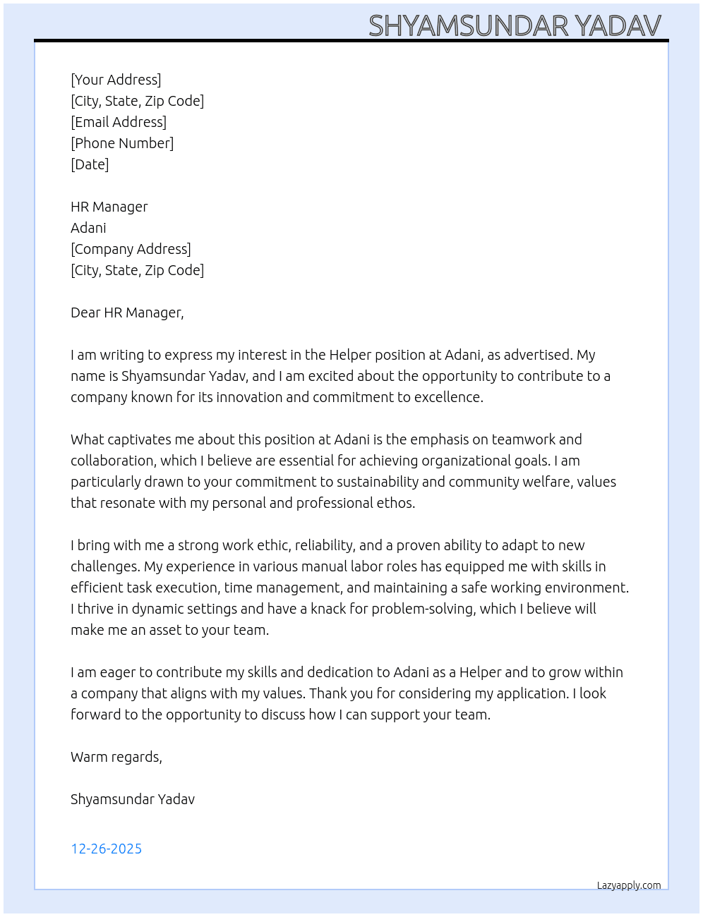 Helper  At Adani  Cover Letter