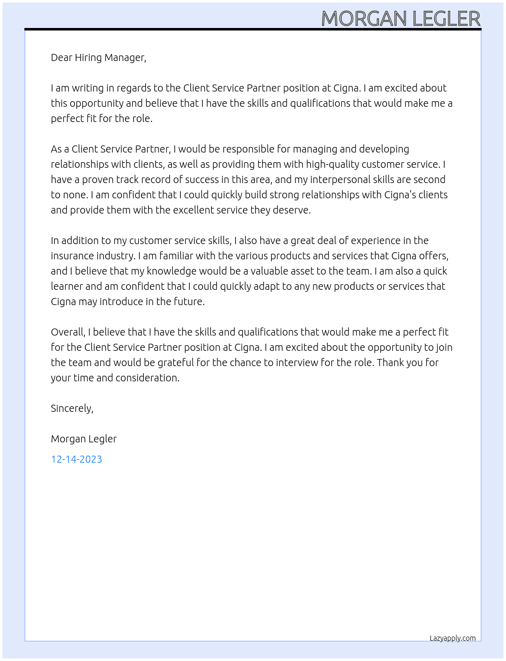 Client Service Partner At Cigna Cover Letter