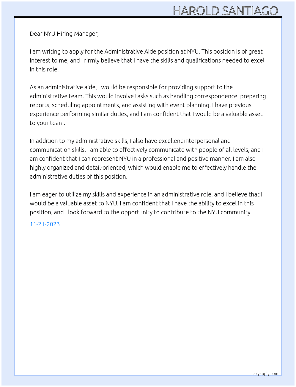 Administrative Aide  At NYU Cover Letter