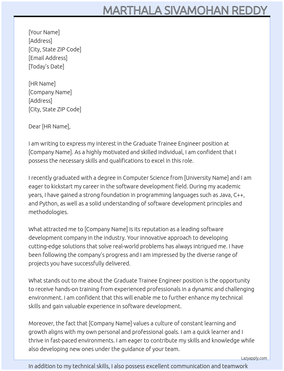 Graduate Trainee Engineer  At Software development trainee  Cover Letter