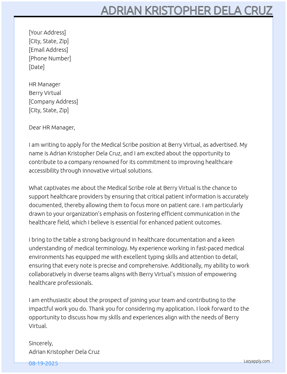 Medical Scribe At Berry Virtual Cover Letter