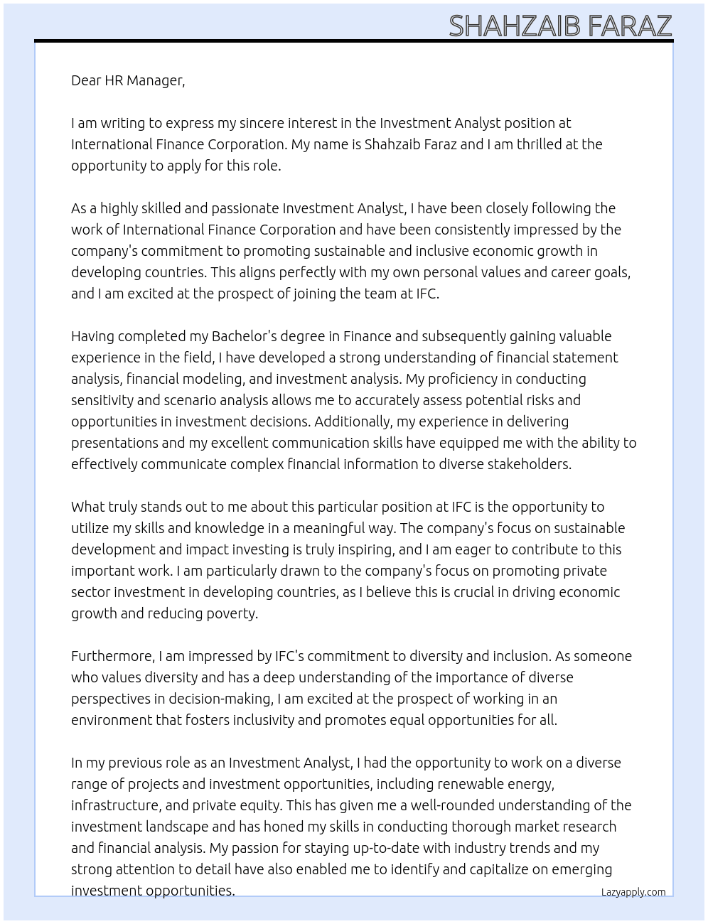 Investment Analyst At International Finance Corporation Cover Letter