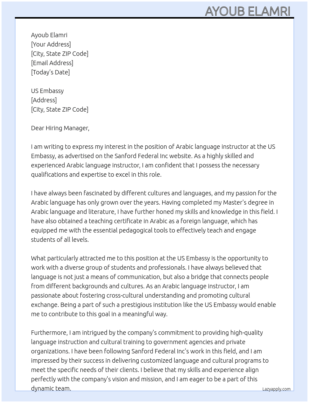 Arabic language instructor  At Sanford Federal Inc  Cover Letter