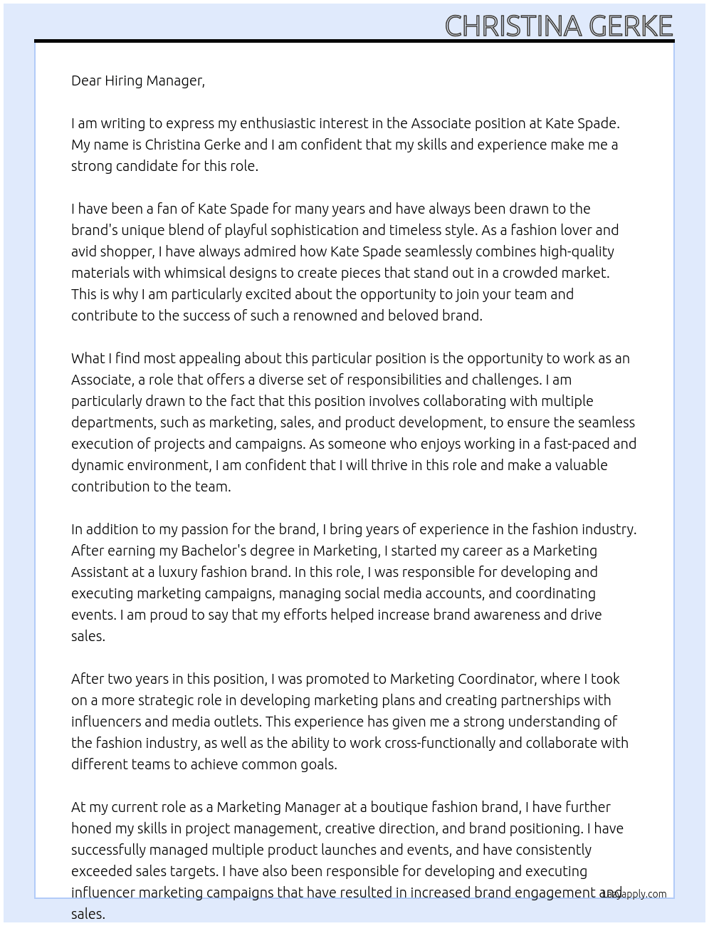 Associate At Kate Spade Cover Letter
