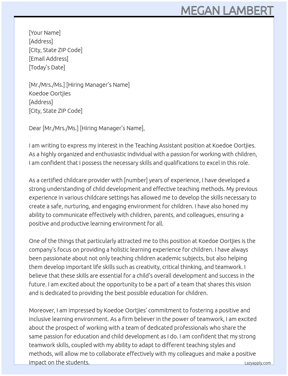 Teaching Assistant At Koedoe Oortjies Cover Letter