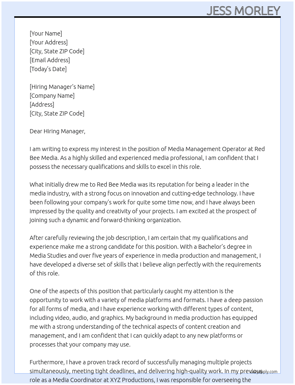 Media Management Operator At Red Bee Media Cover Letter