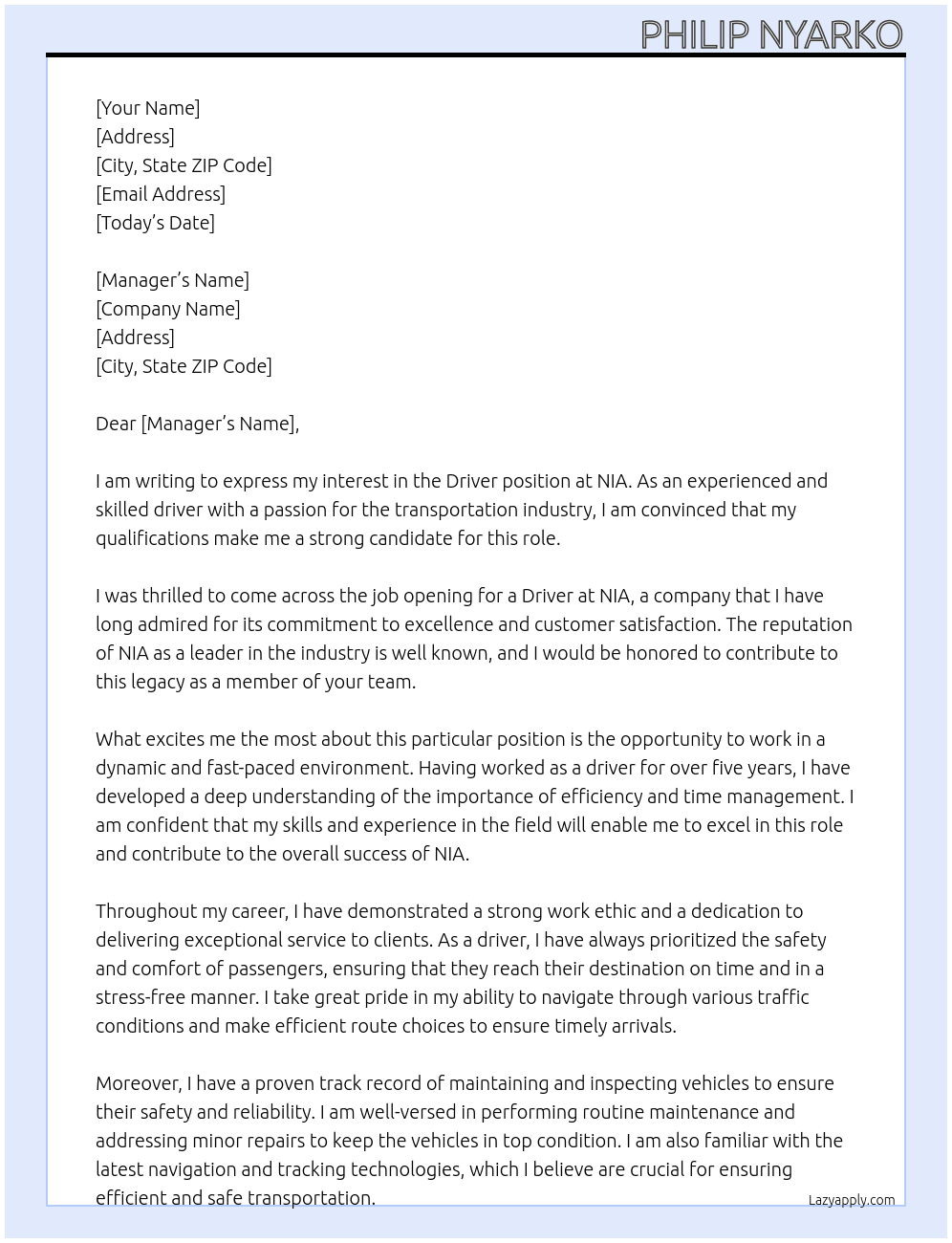 driver At NIA Cover Letter