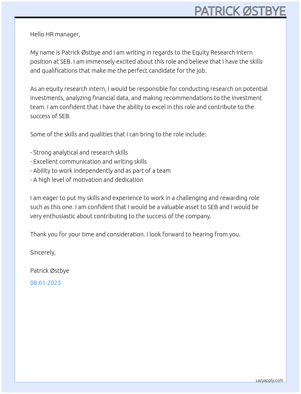 Equity Research Intern At SEB Cover Letter