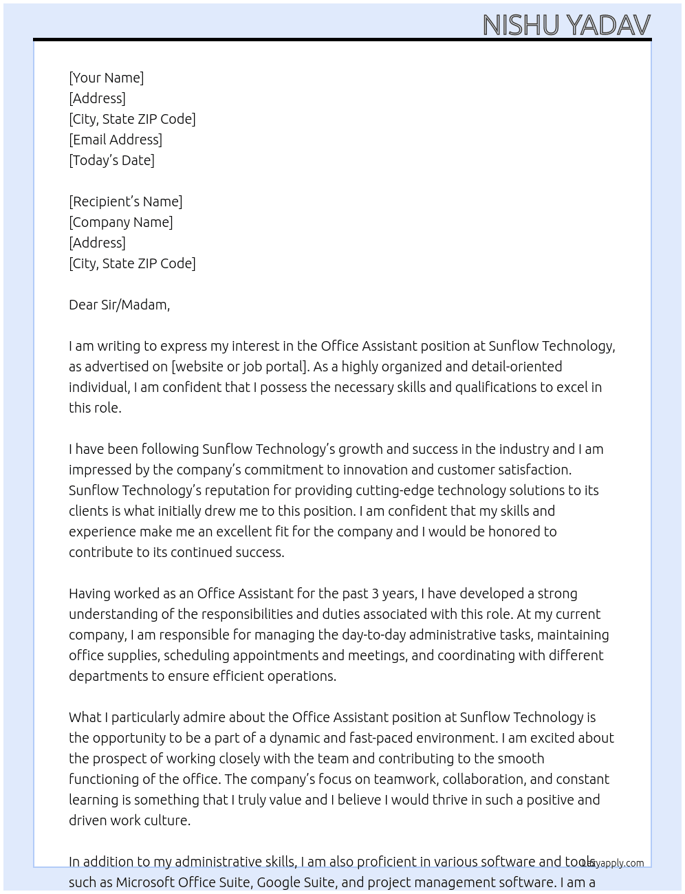 office assistant At Sunflow technology Cover Letter