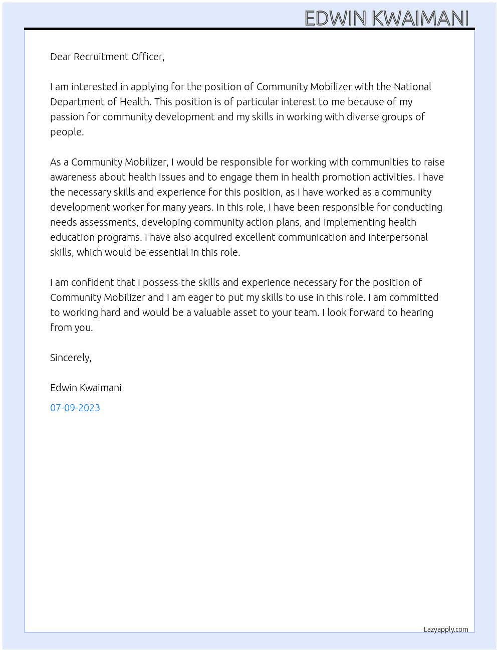 Community Mobilizer  At National Department of Health  Cover Letter