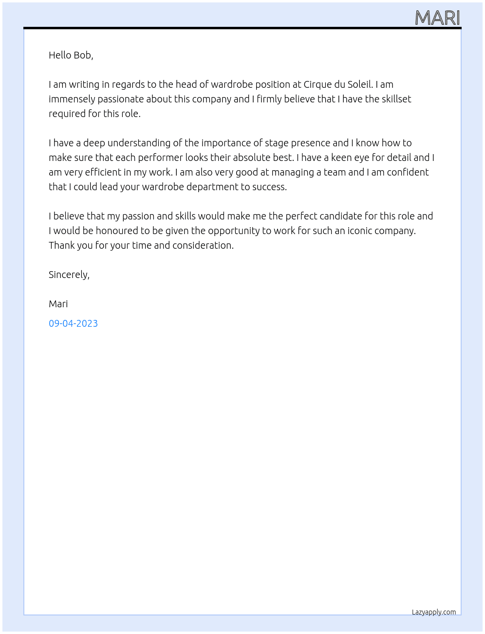 head of wardrobe  At cirque du soleil  Cover Letter