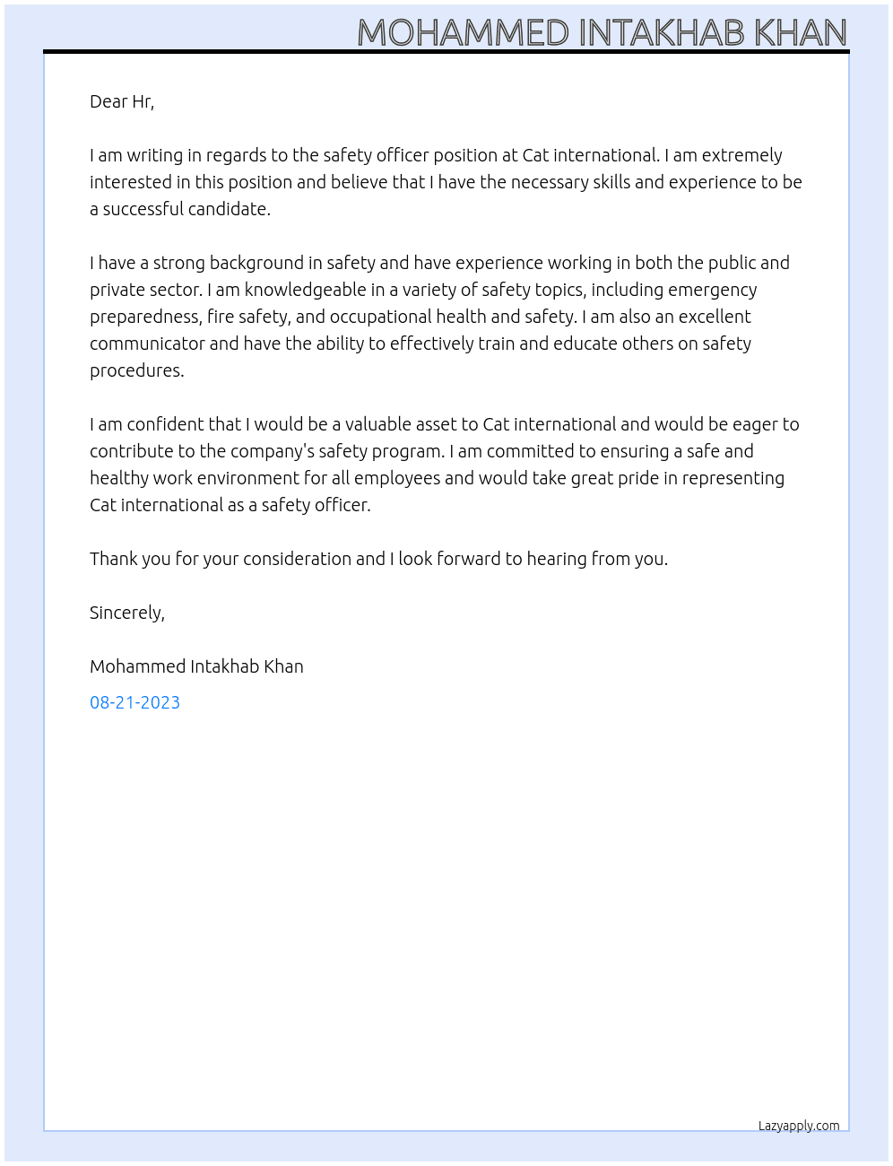 Safety officer  At Cat international  Cover Letter
