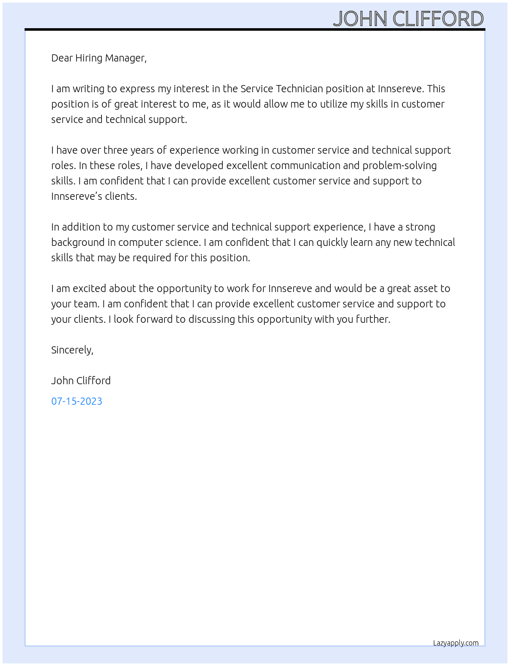 Smart Dispense : Service Technician  At Innsereve Cover Letter