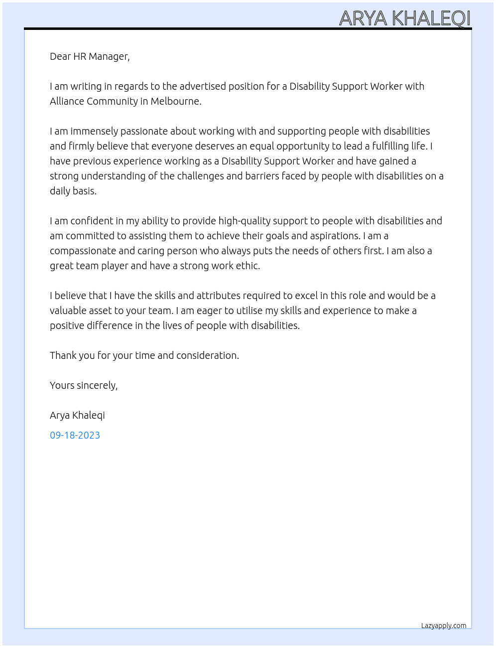 Disability Support Worker At Alliance Community - Melbourne Cover Letter