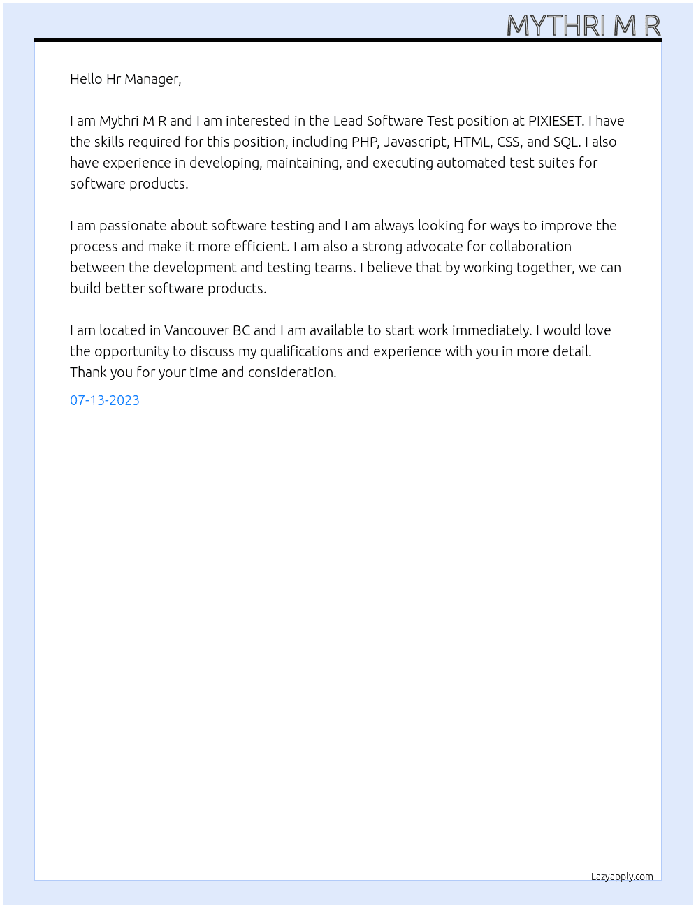Lead Software test At PIXIESET Cover Letter
