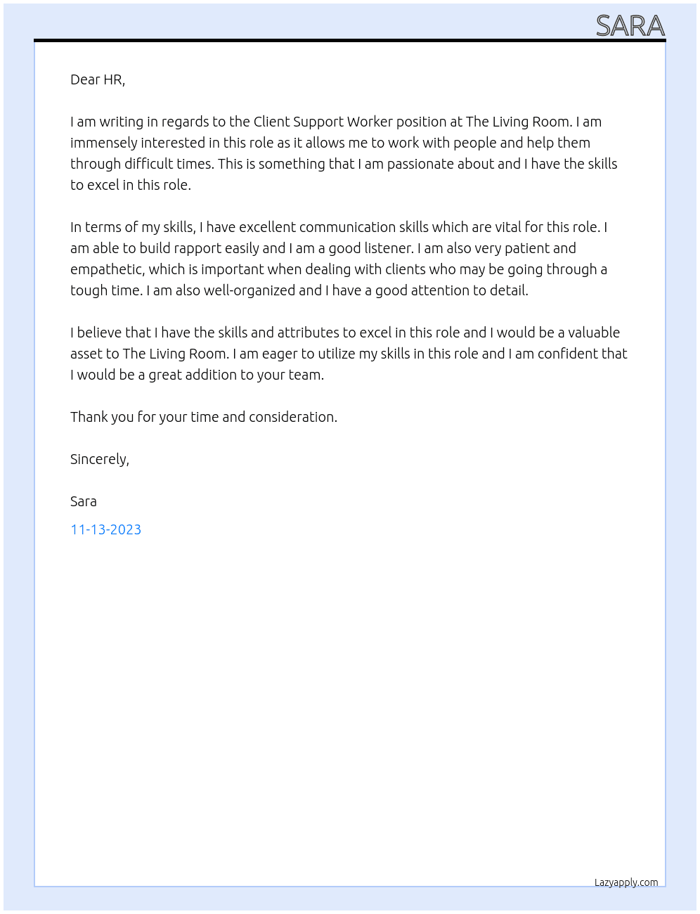 Client Support Worker At The Living Room Cover Letter