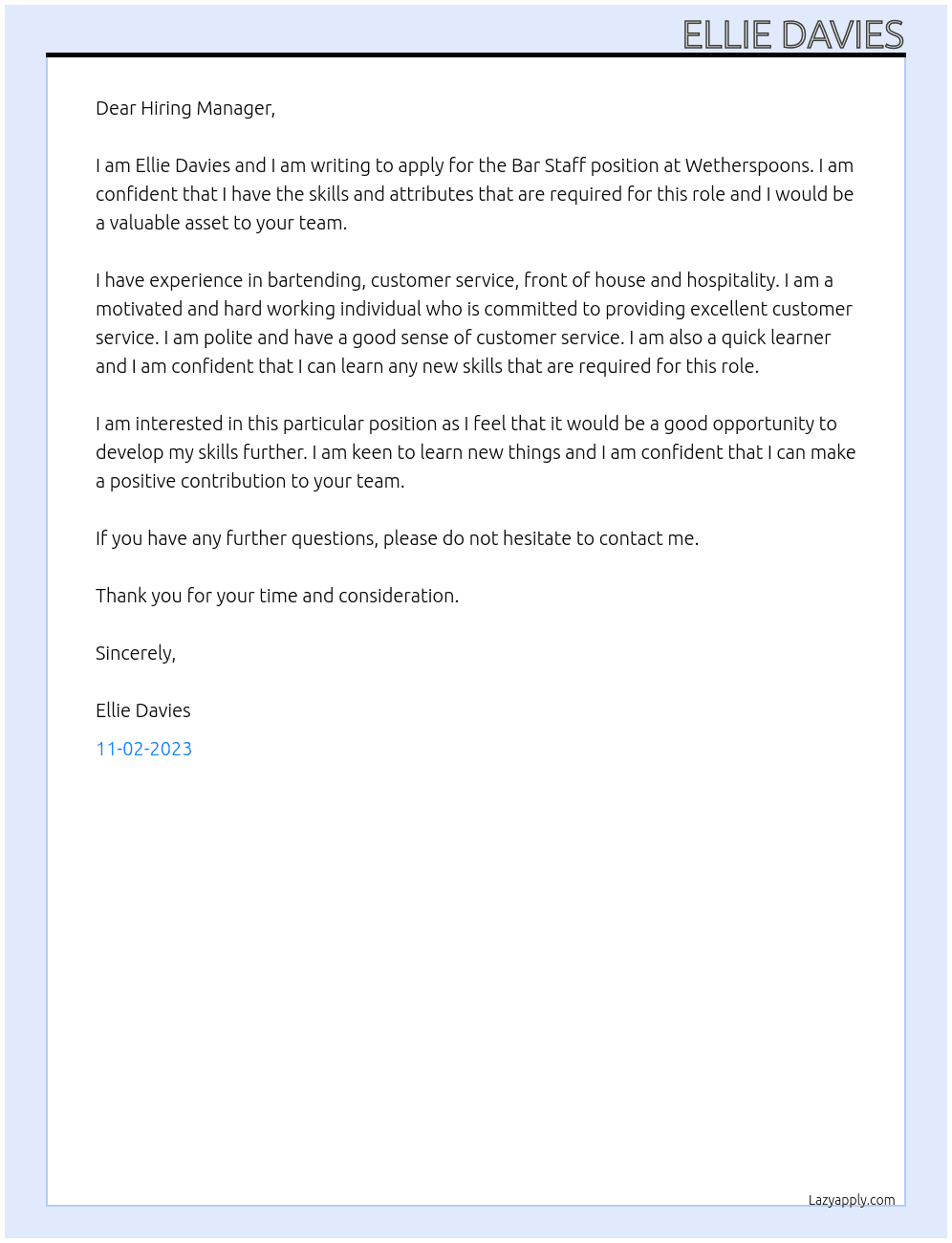 Bar Staff At Wetherspoons  Cover Letter