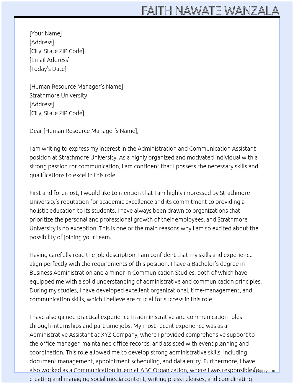 administration and communication assistant At Strathmore University Cover Letter