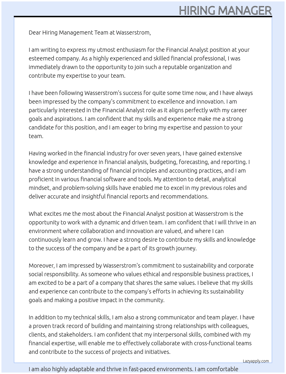 Financial Analyst At Wasserstrom Cover Letter