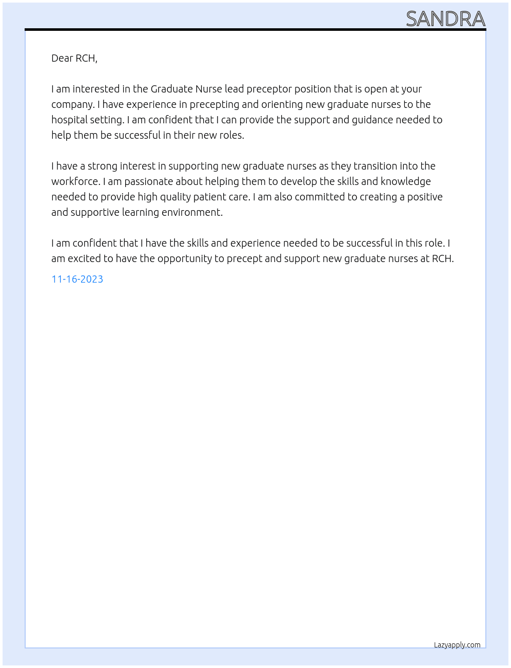 Graduate Nurse lead preceptor At RCH Cover Letter