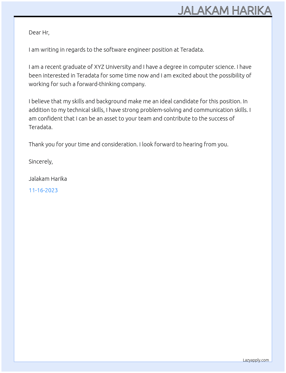 Software Engineer  At Teradata  Cover Letter