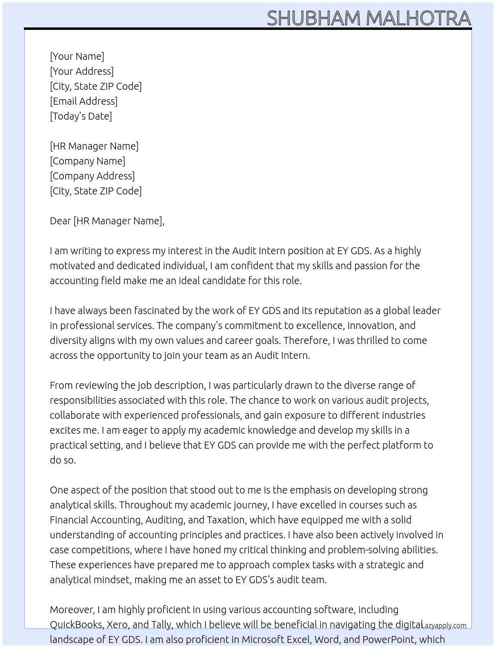 Audit Intern At EY GDS Cover Letter